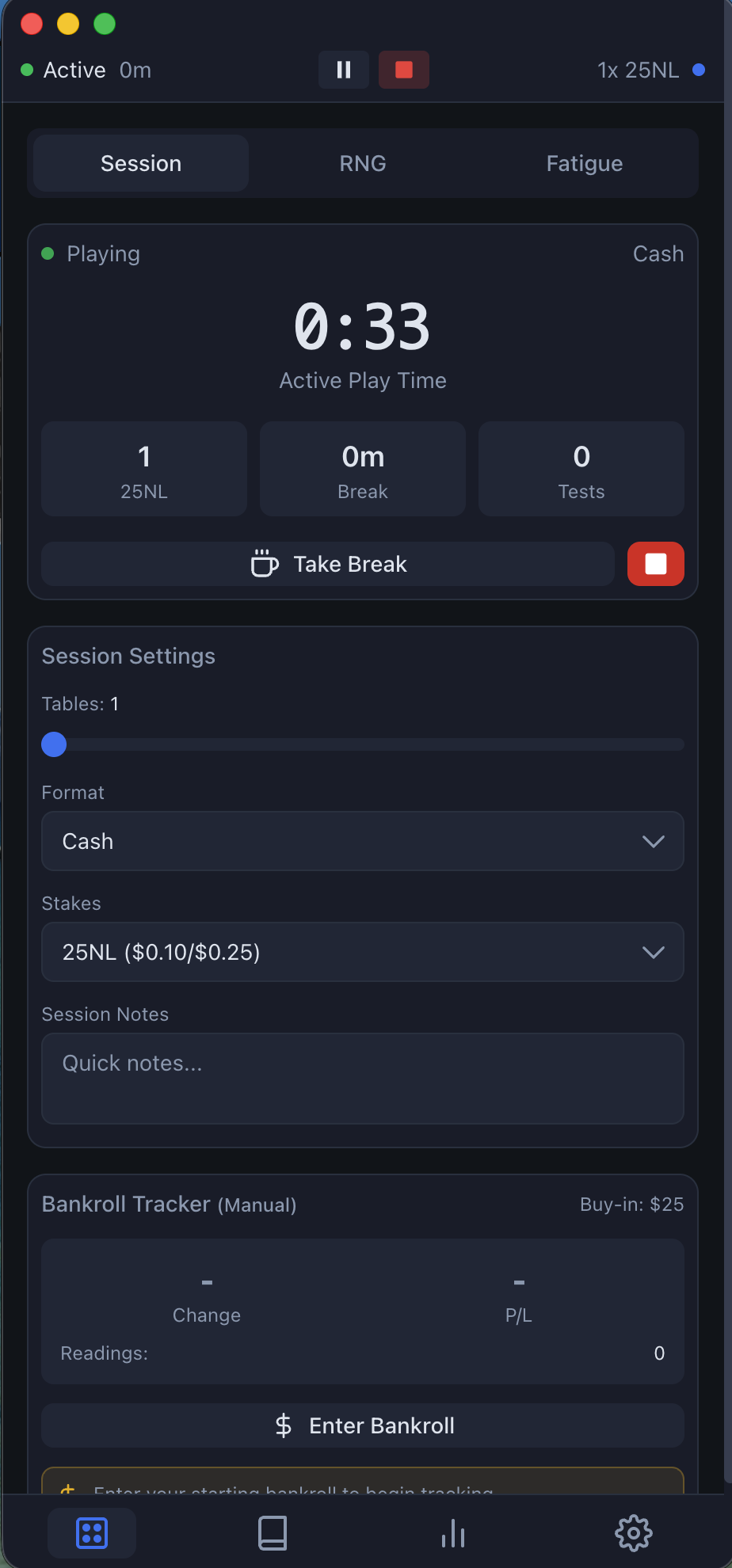 Active poker session with timer, tables, and bankroll tracker