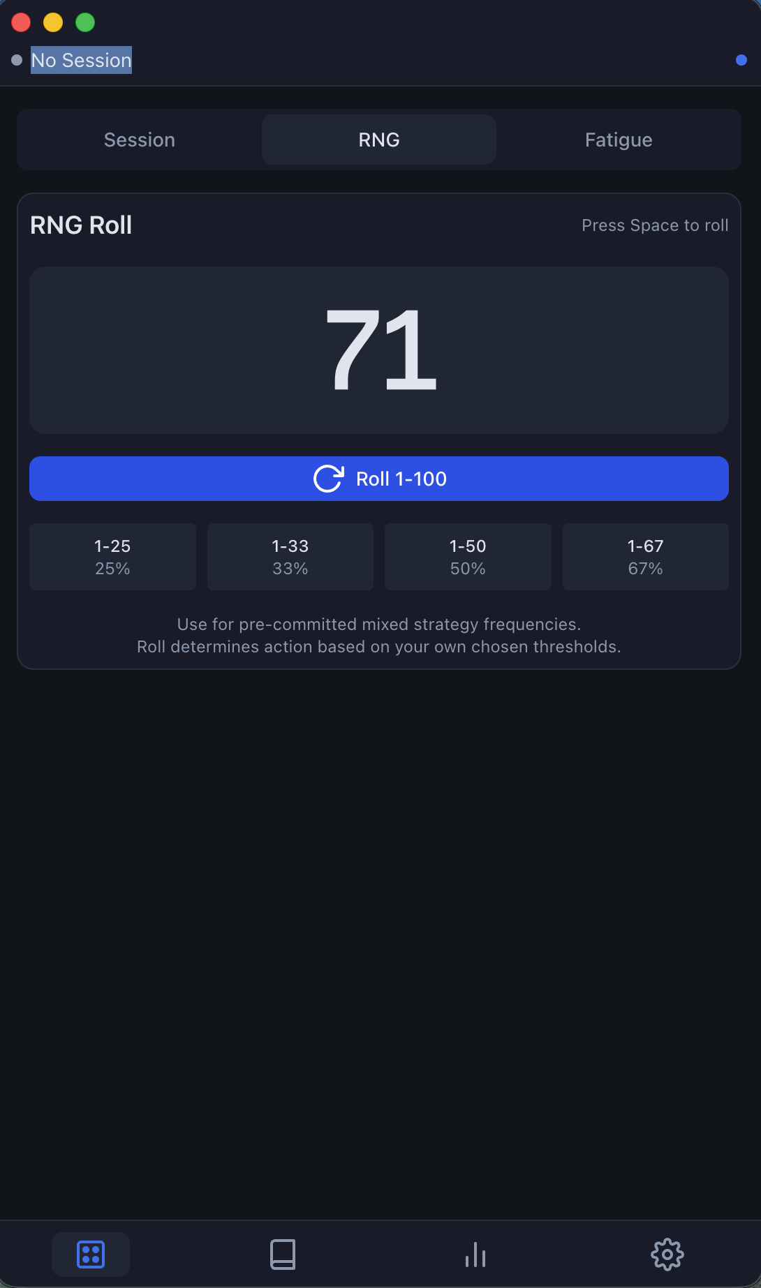 GrindGuard RNG Roll showing number 71 with threshold buttons
